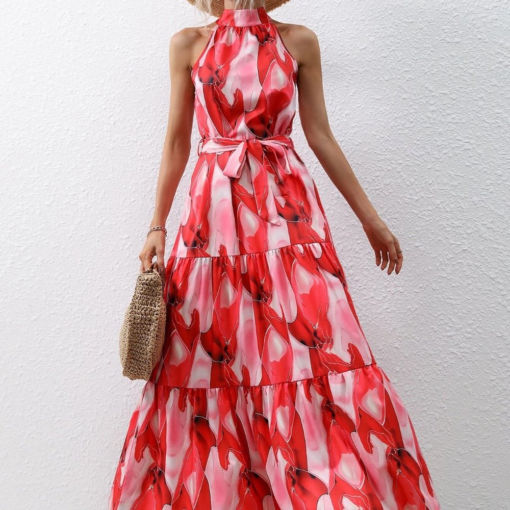 Red Preppy Womens Allover Print Ruffle Hem Belted Halter Dress - Picture 4 of 5